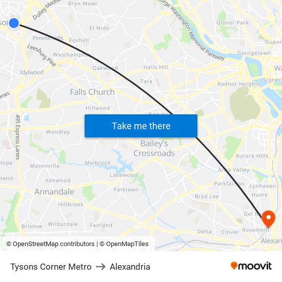 Tysons Corner Metro to Alexandria map