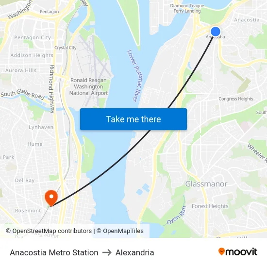 Anacostia Metro Station to Alexandria map