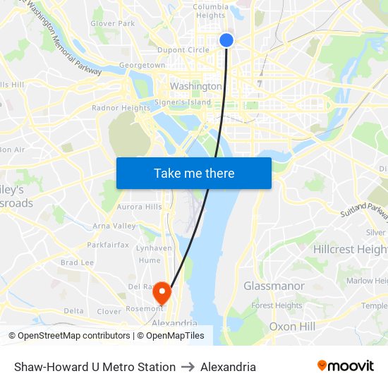 Shaw-Howard U Metro Station to Alexandria map