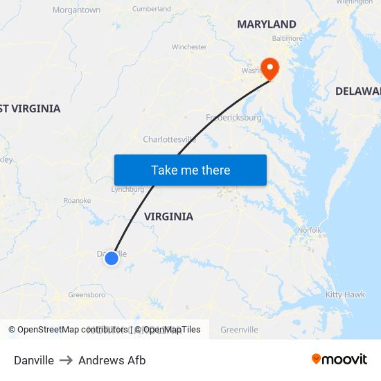 Danville to Andrews Afb map