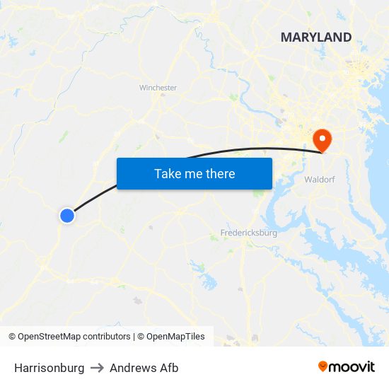 Harrisonburg to Andrews Afb map