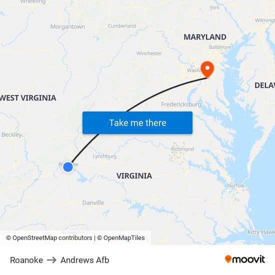 Roanoke to Andrews Afb map