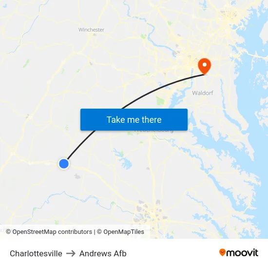 Charlottesville to Andrews Afb map