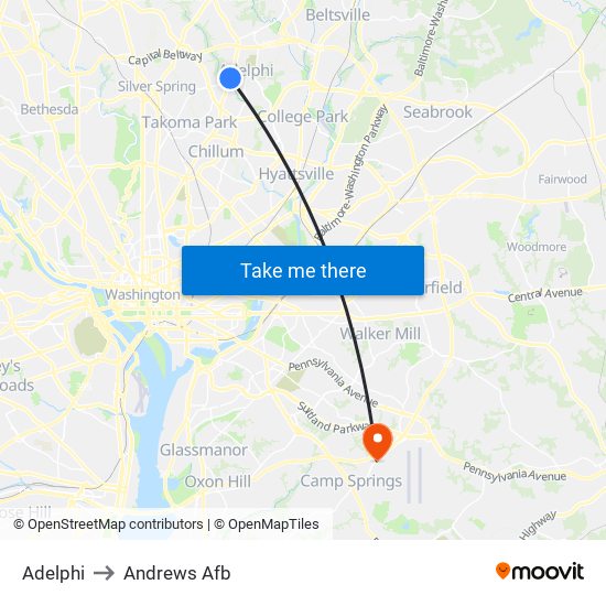 Adelphi to Andrews Afb map