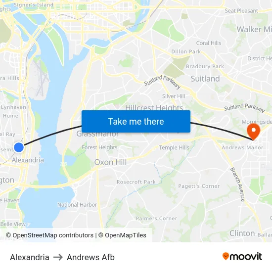 Alexandria to Andrews Afb map