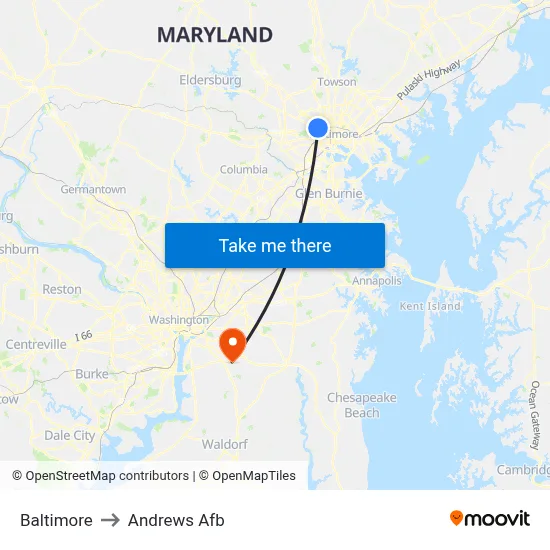 Baltimore to Andrews Afb map