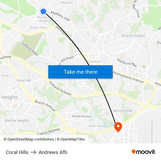 Coral Hills to Andrews Afb map