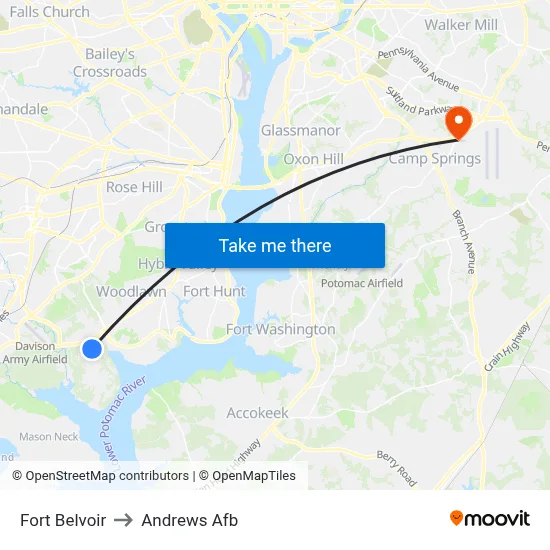 Fort Belvoir to Andrews Afb map
