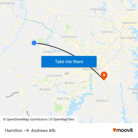 Hamilton to Andrews Afb map