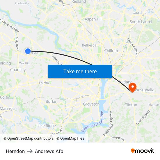 Herndon to Andrews Afb map