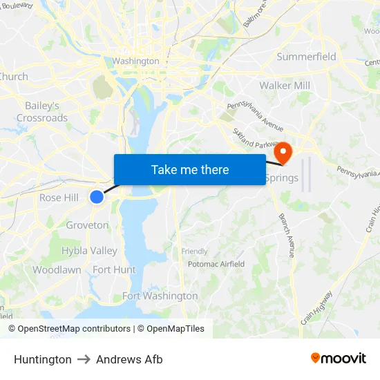 Huntington to Andrews Afb map