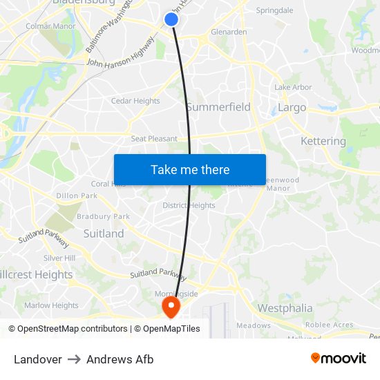 Landover to Andrews Afb map