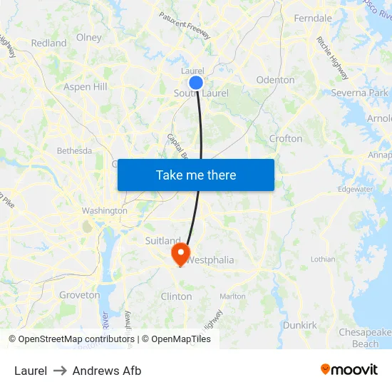 Laurel to Andrews Afb map