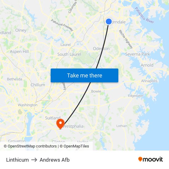 Linthicum to Andrews Afb map