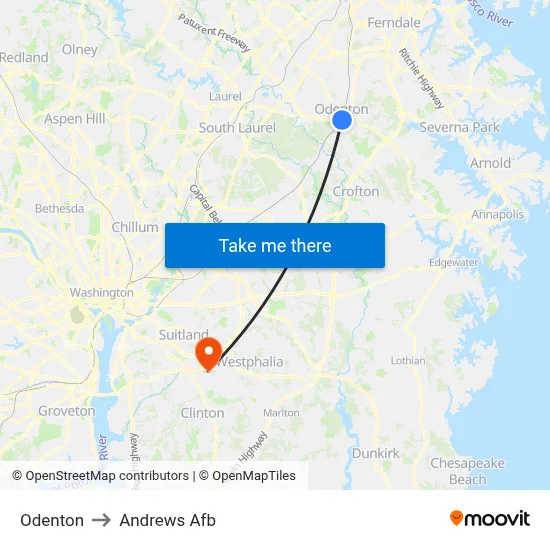 Odenton to Andrews Afb map
