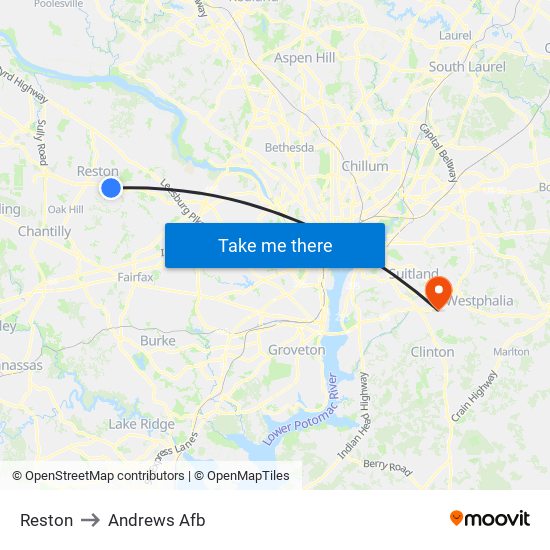 Reston to Andrews Afb map