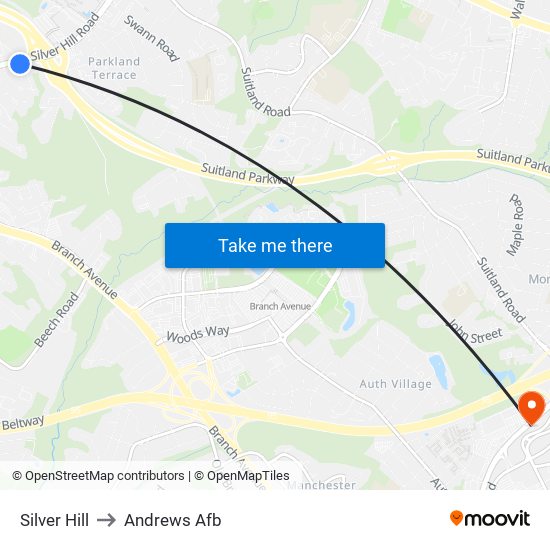 Silver Hill to Andrews Afb map