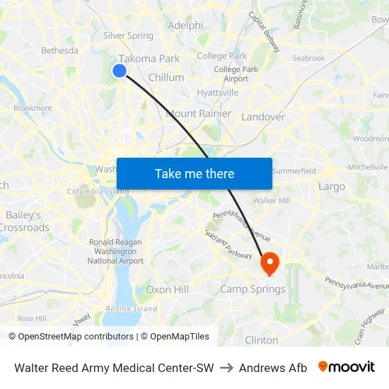 Walter Reed Army Medical Center-SW to Andrews Afb map