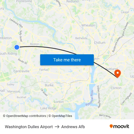 Washington Dulles Airport to Andrews Afb map