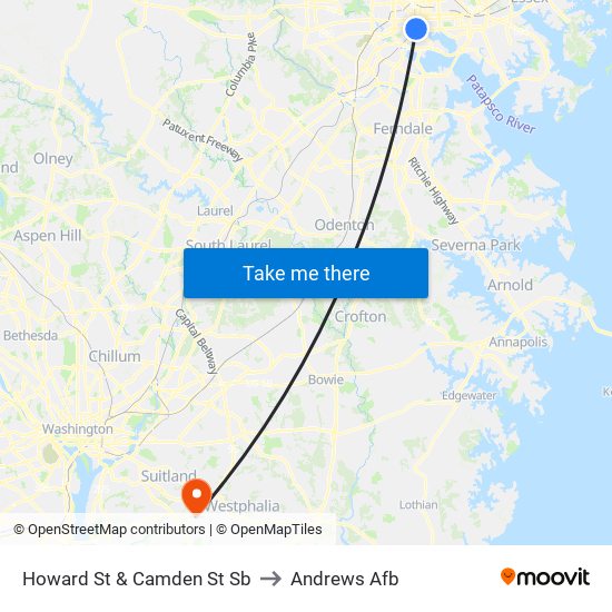 Howard St & Camden St Sb to Andrews Afb map