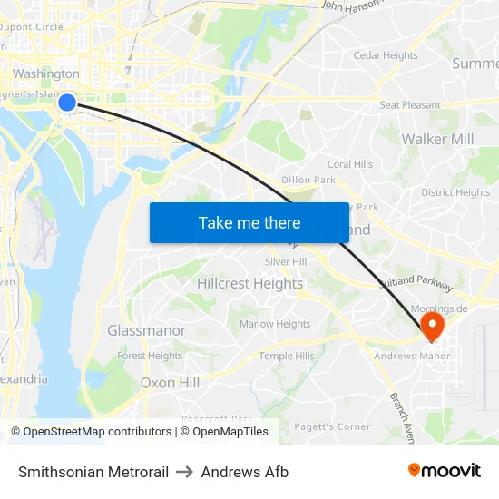 Smithsonian Metrorail to Andrews Afb map