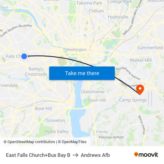 East Falls Church+Bay B to Andrews Afb map