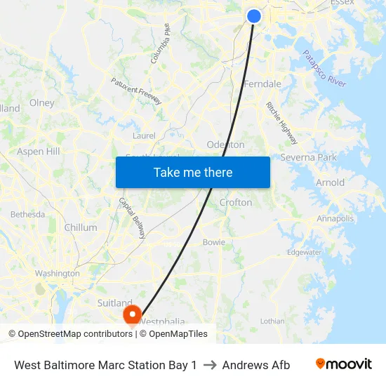 West Baltimore Marc Station Bay 1 to Andrews Afb map