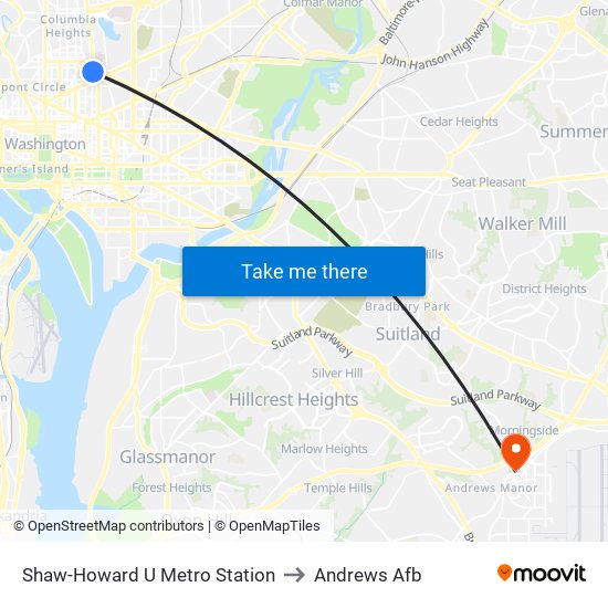 Shaw-Howard U Metro Station to Andrews Afb map