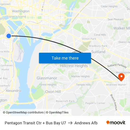 Pentagon Transit Ctr + Bus Bay U7 to Andrews Afb map