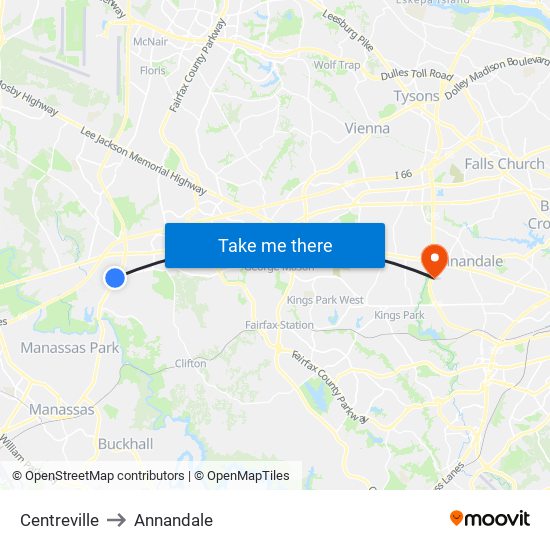 Centreville to Annandale map