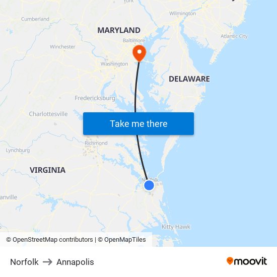 Norfolk to Annapolis map