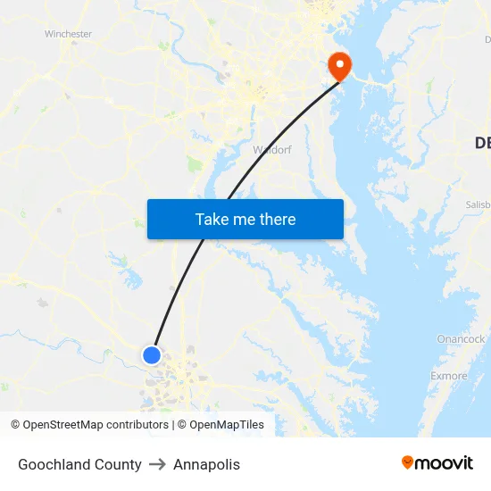 Goochland County to Annapolis map