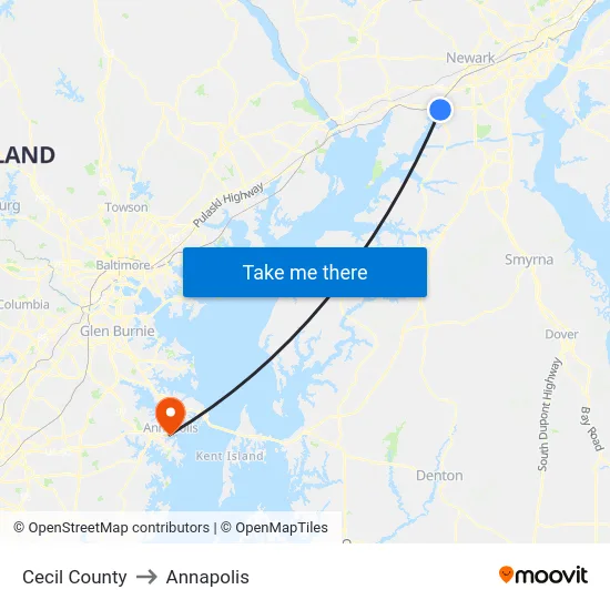 Cecil County to Annapolis map