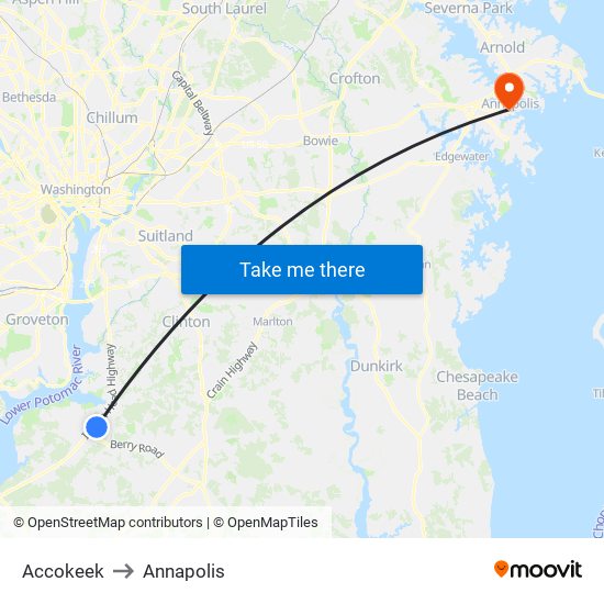 Accokeek to Annapolis map