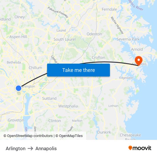 Arlington to Annapolis map