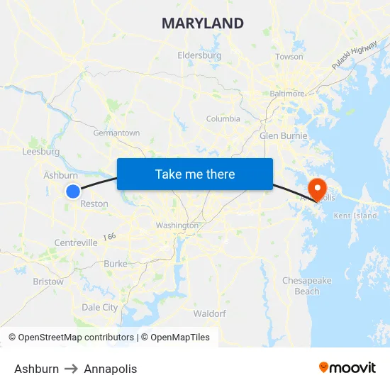 Ashburn to Annapolis map