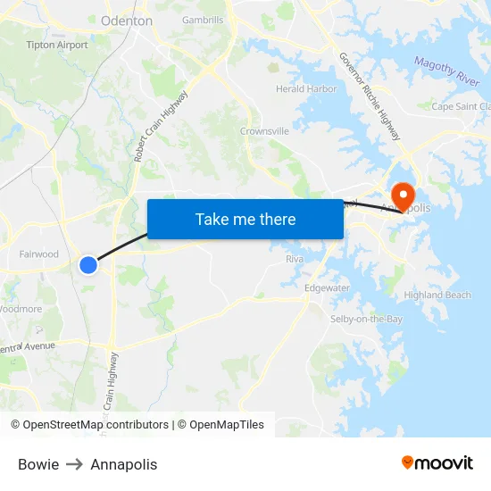 Bowie to Annapolis map