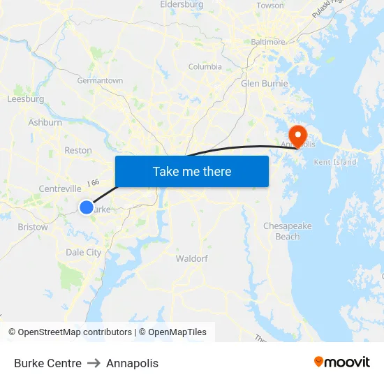 Burke Centre to Annapolis map