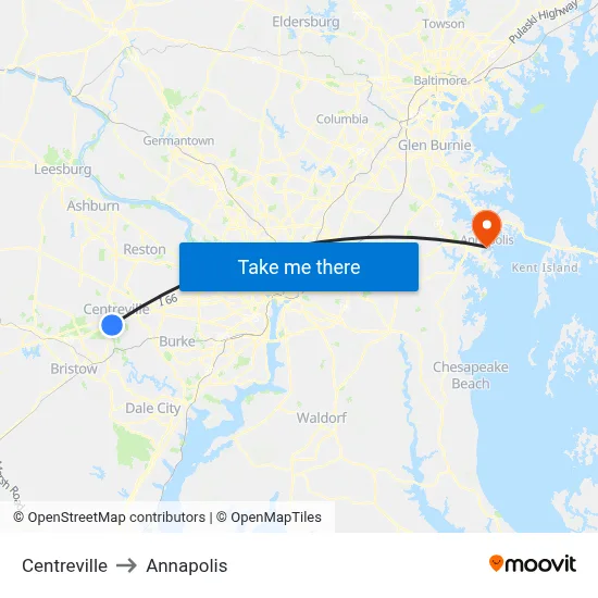 Centreville to Annapolis map