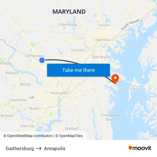 Gaithersburg to Annapolis map