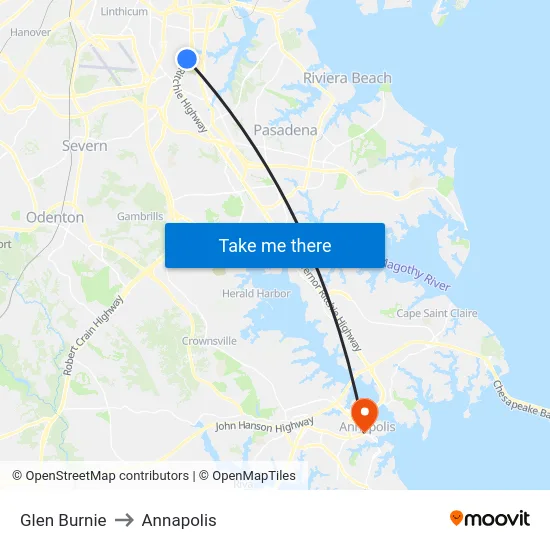 Glen Burnie to Annapolis map