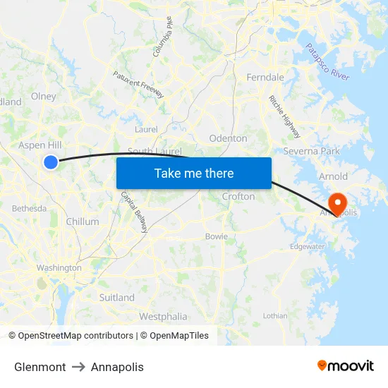 Glenmont to Annapolis map