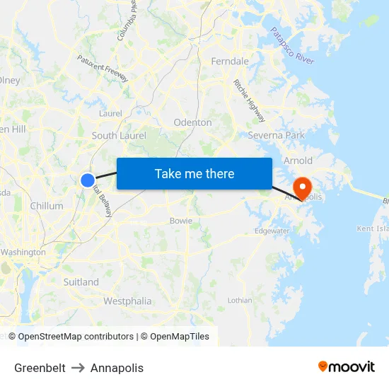 Greenbelt to Annapolis map