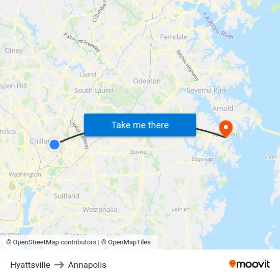 Hyattsville to Annapolis map