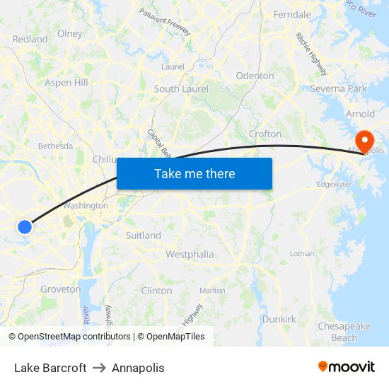 Lake Barcroft to Annapolis map