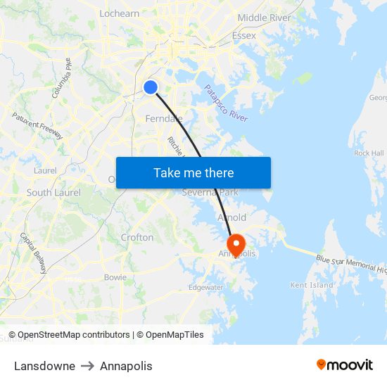Lansdowne to Annapolis map