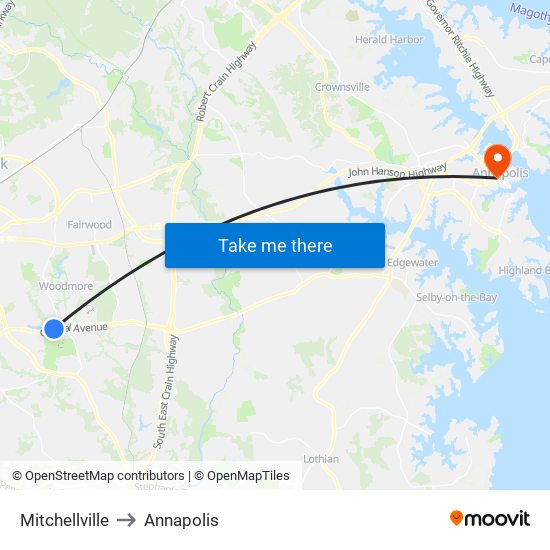 Mitchellville to Annapolis map