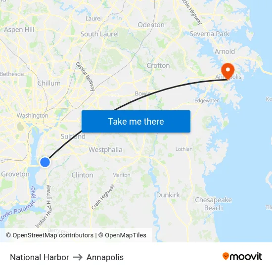 National Harbor to Annapolis map