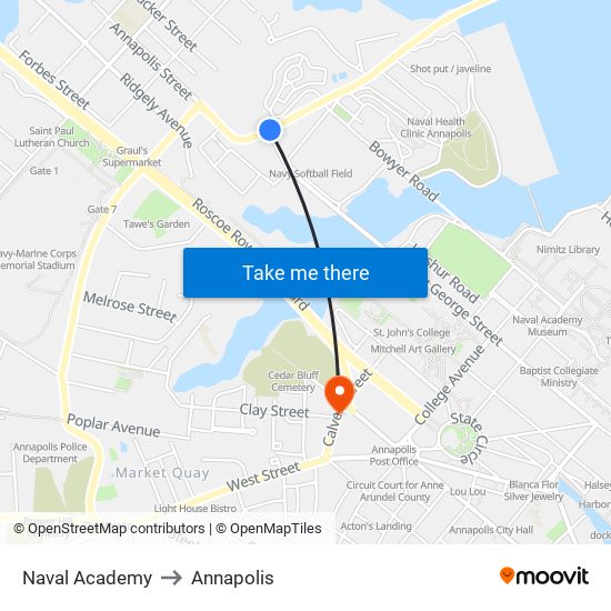 Naval Academy to Annapolis map