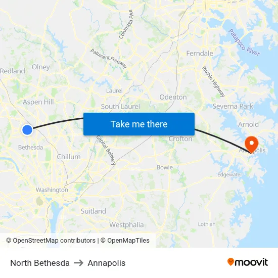 North Bethesda to Annapolis map